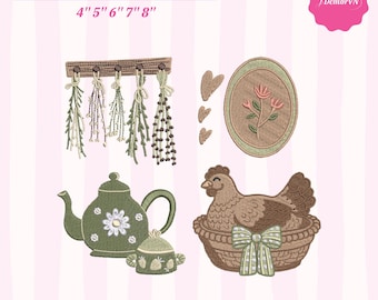 Broderidesignset med Cottagecore | Maskinbroderi med lantkök | Blommig väggdekoration med hönsteknik, DIREKT NEDLADDNING