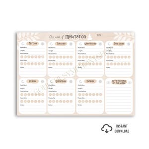Meditation Log Weekly daily Tracker Mindfullness Weekly planner A4/A5 Spiritual Mental Healt digital printable self care personal growth