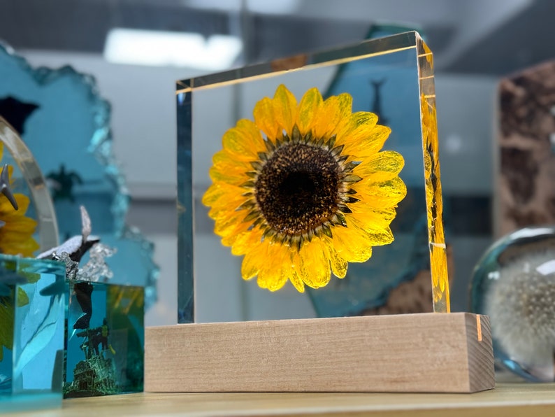 Real Sunflower Block, Resin Paperweight, Sunflower Night Light, Sunflower Ornament, Natural Gift, Birthday Gift,Gift for Her, Home Decor image 9