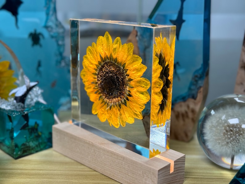 Real Sunflower Block, Resin Paperweight, Sunflower Night Light, Sunflower Ornament, Natural Gift, Birthday Gift,Gift for Her, Home Decor square sunflower
