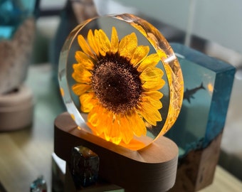 Real Sunflower Resin Block, Sunflower Night Light, Sunflower Ornament, Resin Paperweight, Gift for Her, Home Decor, Natural Gift,Birthday