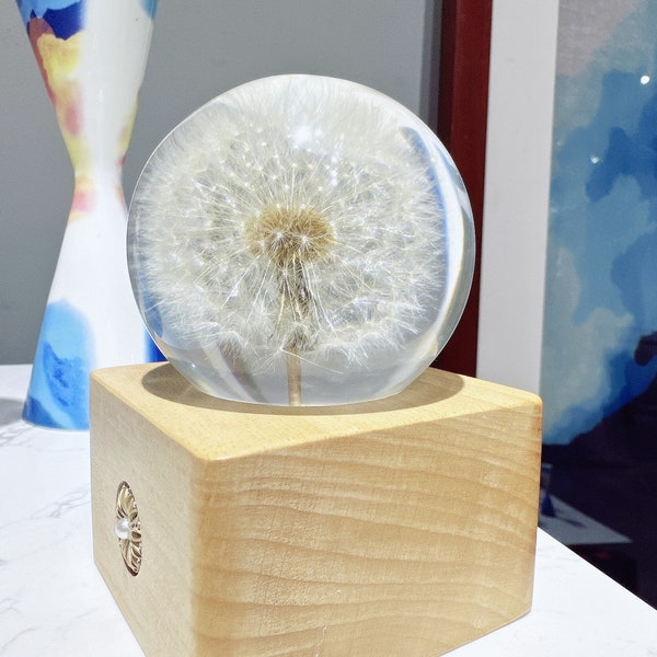 Dandelion crystal ball, Resin Night Lamp, crystal lamp, Wood Base  Table Lamp, Flowerball 21st Birthday Gift, handmade lamp,Gift for Her