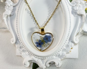 Fiore Non ti scordar di me in collana in resina, gioielli di fiori pressati, ciondolo a cuore, collana di fiori veri, collana floreale, qualcosa di blu, festa della mamma