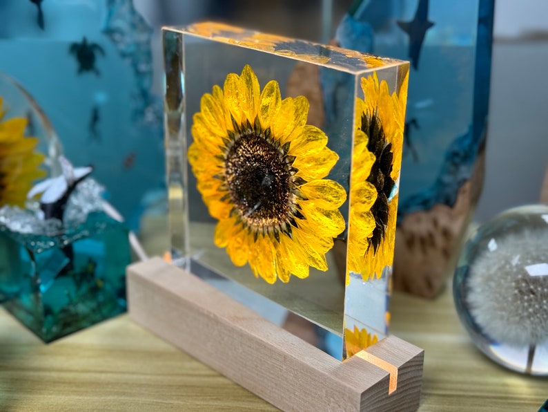 Real Sunflower Block, Resin Paperweight, Sunflower Night Light, Sunflower Ornament, Natural Gift, Birthday Gift,Gift for Her, Home Decor image 5