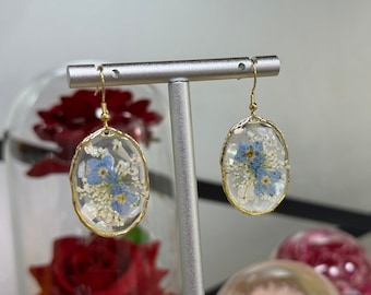 Forget Me Not Resin Flower Earrings, Handmade Pressed Real Flower Resin Earrings, Dangle Drop Earrings, Birthday Gift,Dired Flower Earrings