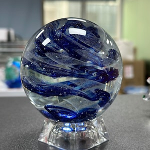 Hand blown glass art,glassblowing,Round Paperweight,Teardrop Paperweight,Glass Art Sculpture,Glass Art,home decor,anniversary gift,diorama Blue whirlwind