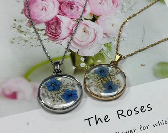 Forget Me Not Necklace, Wildflower Necklace, Pressed Flower Necklace, Resin Jewelry, Handmade, Rose gold Necklace, Bridesmaid Jewelry