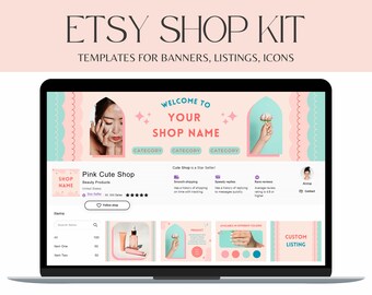 Pink Etsy banner template, Summer Etsy shop kit with Listing Photo Templates, Etsy branding kit, editable etsy shop banner in Canva