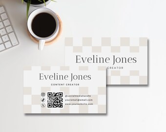 Beige Business Card Template with QR Code, Printable Business Card Canva Template, Checkerboard Business Card Design - CH01