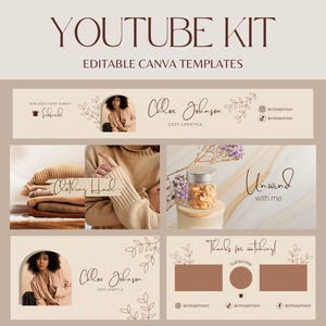 beige youtube branding kit, neutral youtube banner, animated youtube intro and outro, editable canva youtube template, youtube thumbnail