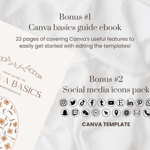 Bonuses included when purchasing LinkedIn Background Banners are Canva Basics ebook (to easily get you started editing in Canva) and additional social media icons
