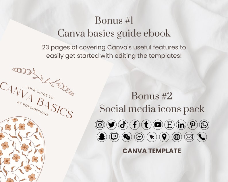 Bonuses included when purchasing LinkedIn Background Banners are Canva Basics ebook (to easily get you started editing in Canva) and additional social media icons