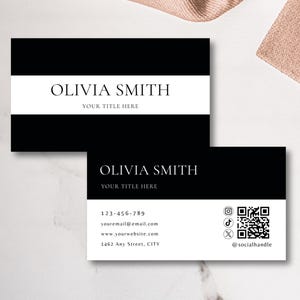 Plantilla de tarjeta de presentación en blanco y negro con código QR, elegante plantilla imprimible de Canva, diseño elegante - BW01