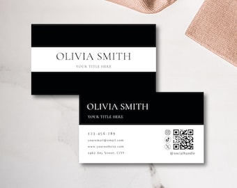Sjabloon voor zwart-wit visitekaartjes met QR-code, elegante canvassjabloon voor afdrukbare visitekaartjes, stijlvol visitekaartjeontwerp - BW01