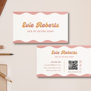 Retro Business Card Template with QR Code, Printable Pink Business Card Canva Template, Creative Business Card Design