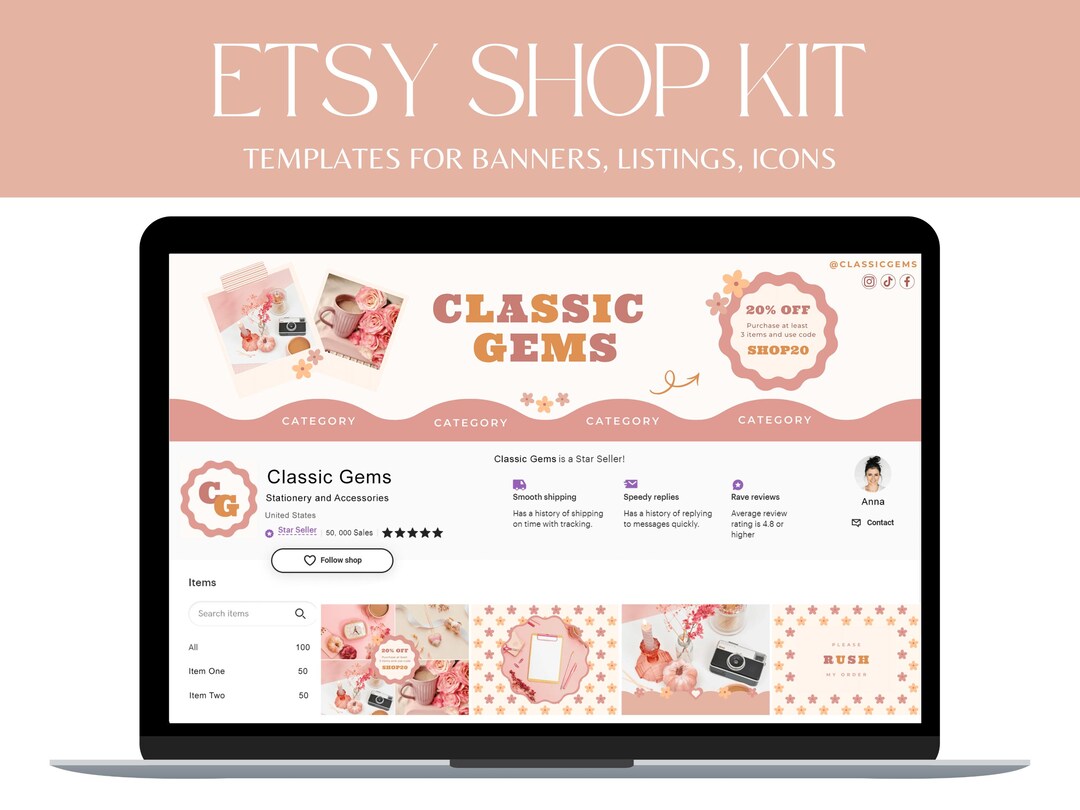 Pink Retro Etsy Shop Banner Kit | Canva Etsy Branding Set | Etsy ...