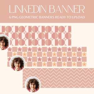 May include: A LinkedIn banner graphic with the text "LINKEDIN BANNER" and "6 PNG GEOMETRIC BANNERS READY TO UPLOAD". The design features three geometric patterns in shades of pink and peach, with a woman's photo.