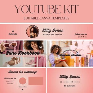 pink youtube branding kit, banner for youtube, animated youtube intro and outro, editable canva youtube template, youtube thumbnail