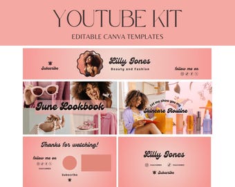 pink youtube branding kit, banner for youtube, animated youtube intro and outro, editable canva youtube template, youtube thumbnail