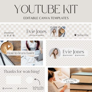 Youtube Banner Beige, animated youtube intro and outro, cozy youtube thumbnail, Neutral YouTube branding kit, canva template - CH01