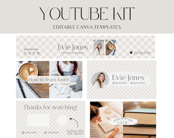 Youtube Banner Beige, animated youtube intro and outro, cozy youtube thumbnail, Neutral YouTube branding kit, canva template - CH01