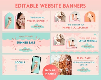 Pink Website Banner, Web Banner Template in Canva, DIY Web Banner, Beauty Banner, Website Branding