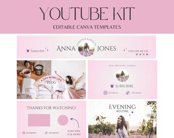 Feminine YouTube branding kit with Youtube banner, animated intro and outro, Youtube thumbnails : Canva Templates - PP01