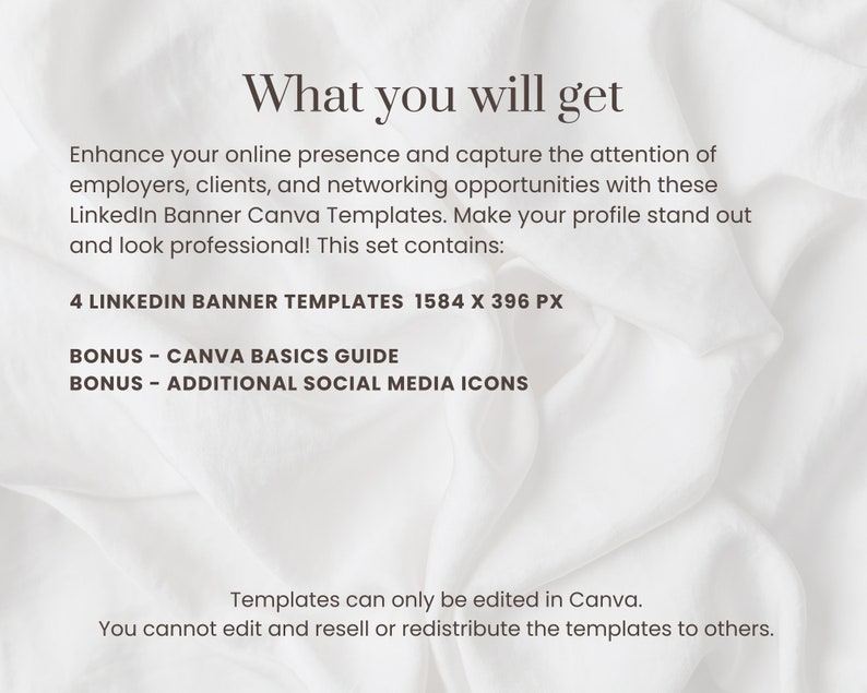 When you purchase LinkedIn Banner Set you will get:
- 4 LinkedIn Banner Canva Templates
- Canva Basics ebook  - additional social media icons