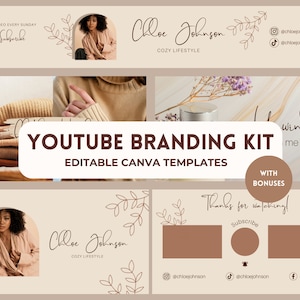 beige youtube branding kit, neutral youtube banner, animated youtube intro and outro, editable canva youtube template, youtube thumbnail