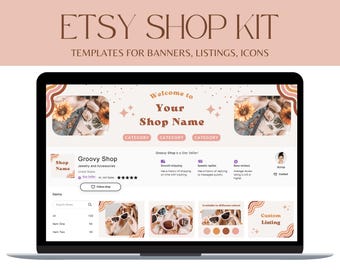 Retro Etsy banner template, Retro Etsy shop kit with Listing Photo Templates, Etsy branding kit, editable etsy shop banner in Canva