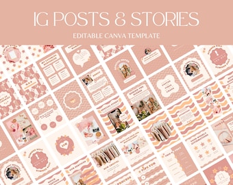 Retro Instagram Canva Templates | 50 Aesthetic Pink IG Post & Story Designs | Editable Social Media Set for Creators, Small Business - RF01