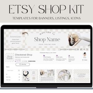 Preppy Checkerboard Etsy banner - Elegant Etsy Shop Kit with listing photo icons and banner Canva template - Branding for Etsy Seller - CH01