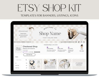 Preppy Checkerboard Etsy banner - Elegant Etsy Shop Kit with listing photo icons and banner Canva template - Branding for Etsy Seller - CH01