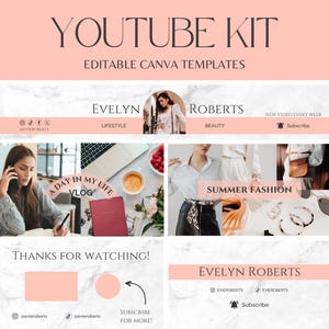 pink youtube branding kit, elegant banner for youtube, animated youtube intro and outro, editable canva youtube template, youtube thumbnail