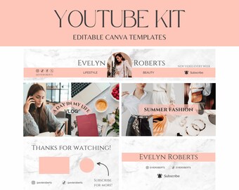 pink youtube branding kit, elegant banner for youtube, animated youtube intro and outro, editable canva youtube template, youtube thumbnail