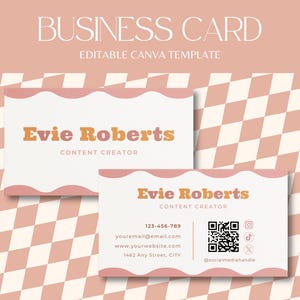 May include: Business card template with a retro design. The card features the name "Evie Roberts" in orange and pink, with "CONTENT CREATOR" below. The design includes contact information, a QR code, and social media icons.