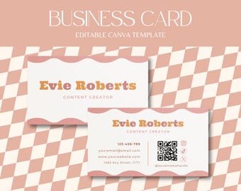 Retro Pink Business Card Template with QR Code, Editable Business Card Canva Design with Floral Elements for Small Business Branding RF01