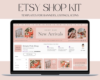 Banner rosa de Etsy - Kit de tienda Etsy bohemia con fotos de anuncios, íconos y banners - Plantilla Canva - Marca para vendedor de Etsy - PS01