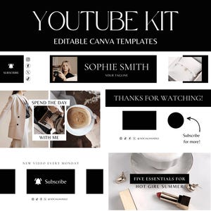 Youtube Banner Black and White, animated youtube intro and outro, youtube thumbnail elegant YouTube branding kit, canva template - BW01