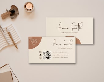 Beige Business Card Template with QR Code, Printable Business Card Canva Template, Elegant Business Card