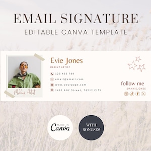 Könnte beinhalten: Editierbare Canva-E-Mail-Signaturvorlage mit rosa Hintergrund und Sternen. Die Vorlage enthält ein Foto einer Make-up-Künstlerin, Kontaktinformationen und Social-Media-Icons. Der Text "Made in Canva" und "With Bonuses" ist ebenfalls enthalten.