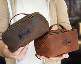 Custom Man&#39;s Leather Cosmetic Case with Durable Metal Zipper, Engraved Dopp Kits, Anniversary Gift for Husband, Engraved Leather Tavel Bag