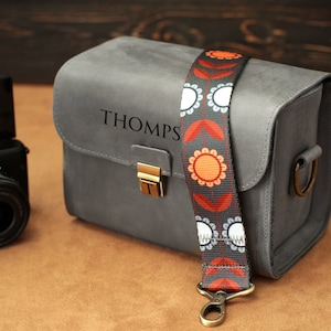 Gray Camera Bag with Printed Straps, Genuine Leather Camera Case, Personalized Equipment Bag, Custom Camera Carrier, Camera Gear Bag