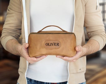 Personalized Dopp Kit with Large Compartment, Leather Toiletry Organizer for Father, Engraved Men&#39;s Travel Cosmetic Bag, Custom Shaving Bag