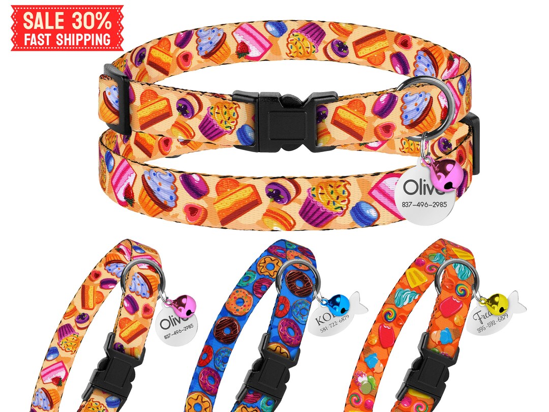 Cupcakes Cat Collar With ID Name Tag, Breakaway Cat Collar Adjustable, Engraved Safety Pet