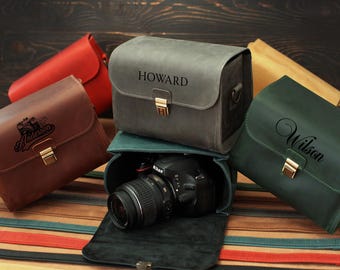 Aangepaste leren cameratas - 9 vintage kleuren beschikbaar, gepersonaliseerde beschermhoes voor spiegelloze spiegelreflexcamera, gegraveerde camera-opbergtas