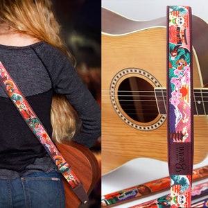 Japan Leather Guitar Strap, Soft Padded Guitar Strap with Patterned Design, Acoustic Bass Electric Guitar Straps, Guitar Accessories