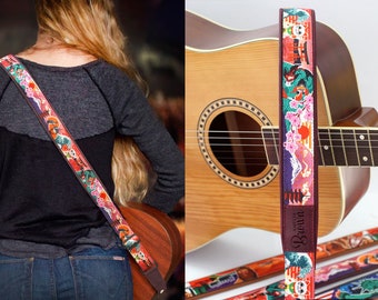 Japan Leather Guitar Strap, Soft Padded Guitar Strap with Patterned Design, Acoustic Bass Electric Guitar Straps, Guitar Accessories