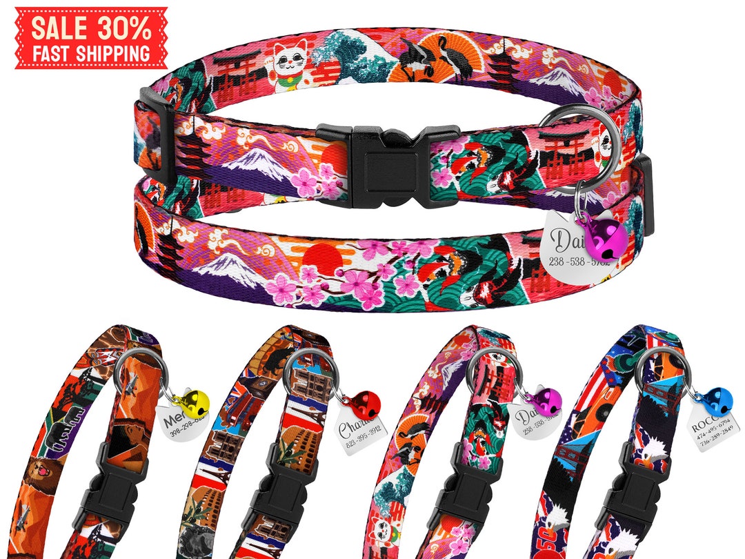 Japanese Cat Collar With ID Name Tag, Personalized Cat Collar With Bell