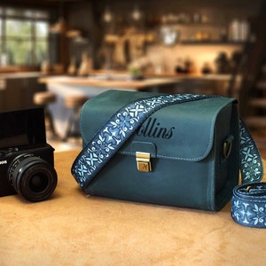 Borsa per fotocamera blu personalizzata con cinturini in pelle e nylon, custodia per fotocamera per fotografo incisa, borsa per fotocamera da viaggio personalizzata, custodia per fotocamera